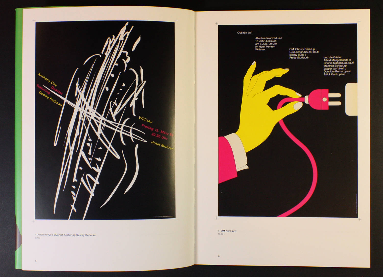 Spread picturing posters by Niklaus Troxler: Anthony Cox Quarter Featuring Dawey Redman, 1992 (left); and Om hört auf!, 1982 (right).
