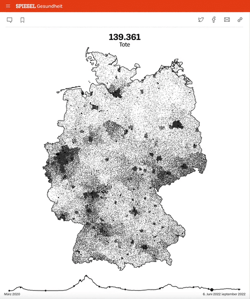 Scrollytelling map animation of COVID-19 related deaths in Germany, published by Der Spiegel (January 2022).