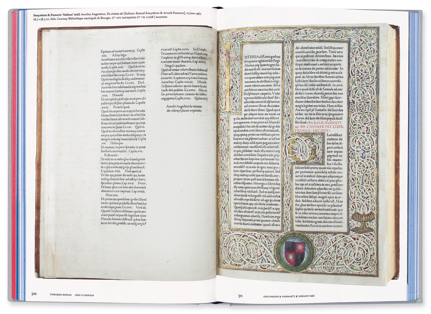 Spread from Gotico-Antiqua, Proto-Roman, Hybrid. Pages from a 1467 book designed and produced by Konrad Sweynheim and Arnold Pannartz, the printers and punchcutters who introduced letterpress printing to Italy and were the first to propose a post-gothic typeface – Subiaco.